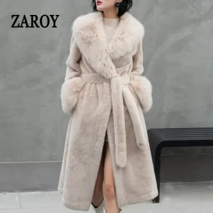 ZAROY Winter Women's Faux Fur Long Coat Luxury Fuzz Warm Thick Fur Jackets Turn Down Collar Belted Plush Outerwear Abrigos шу