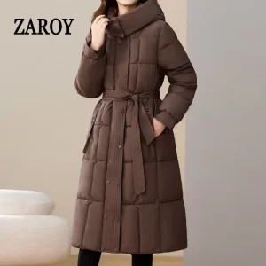 ZAROY Women's Winter Long Jacket Hooded Overcoat With Belt Thick Warm Down Coat Cotton Parkas Outerwear куртка женск