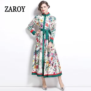 ZAROY Luxury Long Dresses Long Sleeve Stand Collar Single-breasted Maxi Dress Vintage Flower Print Belt Designer Runway Dress