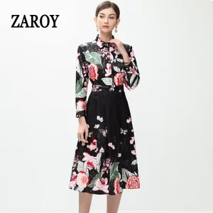 ZAROY Flower Print Women Midi Dress Elegant Office Lady Lapel Single-breasted Long Sleeve A-line Luxury Party Evening Dress