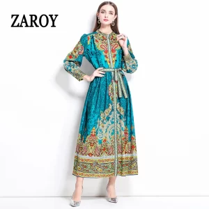 ZAROY Bohemian Print Dress Women Long Sleeve O Neck Button-up Belted Long Dress Luxury Vintage Runway Dress Beach Party Vestidos