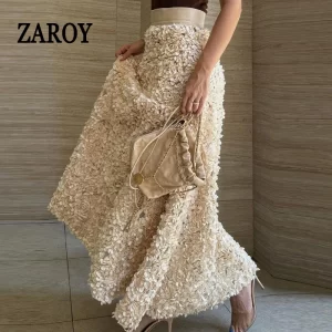ZAROY Luxury Party Evening Gown Long Skirts 3D Petal A-line Mid-calf Skirt Designer Unique Big Swing Elegant Skirt Faldas юбк