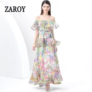 ZAROY Ruffle Flounce Luxury Long Party Dress Women Trendy Floral Printed Evening Gowns Sexy Slash Neck Elegant Summer Vestidos