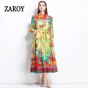 ZAROY Elegant Lantern Sleeve Single-breasted Dress Boho Slim Waist Belt Fashion Dress Women Vintage A-line Print Party Vestidos