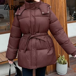 ZAROY Women's Thick Warm Cotton Jacket With Belt Winter Casual Solid Long Sleeves Pocket Zipper Hooded Down Coat куртка ж
