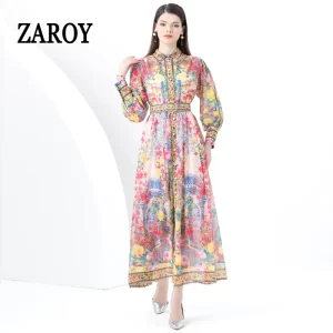 ZAROY Elegant Retro A-line Print Party Long Dress Women Clothing Fashion Lantern Sleeve Button-up Lapel Belt Boho Maxi Dress