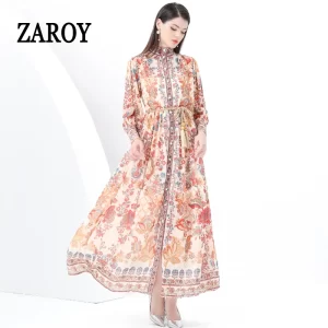 ZAROY Vintage Print Chiffon Long Dress Women Clothing Long Sleeve Stand Collar Belted Maxi Dress Holiday Beach Party Robe платье