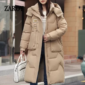 ZAROY Women Long Jacket Parkas Coat Winter Hooded Overcoat Pockets Cotton-padded Windproof Warm Casual Outerwear куртка ж