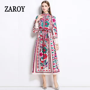 ZAROY Flower Printed Long Dress Spring Summer Holiday Beach Dress Elegant Lapel Single-breasted Long Sleeve Party Robe Vestidos