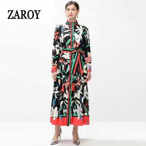 ZAROY Luxury Vintage Palace Print Women Long Dresses Elegant Lapel Long Sleeve Single-breasted Belted Maxi Dress Party Vestidos