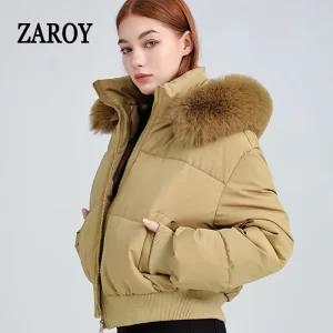 ZAROY Luxury Fur Collar Winter Cotton Women's Jacket Hooded Short Coat Casual Pocket Zipper Parkas Design Outwear пальто