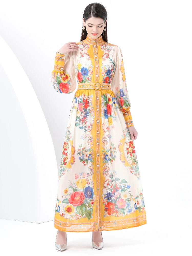 ZAROY Luxury Runway Maxi Dress Women Stand Collar Long Sleeve Single Breasted Floral Print Belt Long Boho Party Robe Vestidos - Image 2