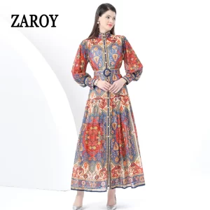 ZAROY Vintage Boho Print Lantern Sleeve Maxi Dress Buton-up A-line Print Belted Luxury Long Dress Elegant Party Vestidos שמלה