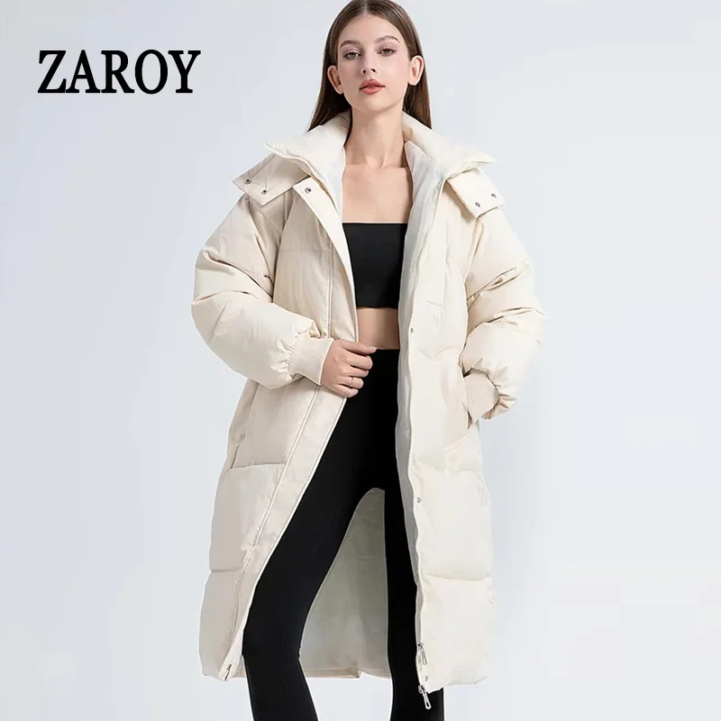 ZAROY Women Puffer Overcoat Cotton-padded Long Coats Winter Thick Warm Pocket Zipped Loose Casual Hooded Jackets куртка ж