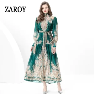 ZAROY Palace Print Retro Women Maxi Dress Long Sleeve Stand Collar Single-breasted Cinched Waist Long Dress Luxury Robe Vestidos