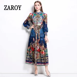 ZAROY Luxury Party A-line Chiffon Dress Vintage Baroque Print Elegant Lantern Sleeve Long Dress Fashion Boho Belt Beach Vestidos