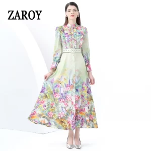 ZAROY Flower Print Maxi Dress Women Holiday Clothing Long Sleeve Stand Collar Belt A-line Long Dress Luxury Robes Vestidos