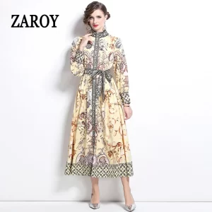 ZAROY Baroque Palace Print Runway Dresses Women Clothing Lapel Long Sleeve Belted Maxi Dress Luxury Elegant Party Vestidos Robe