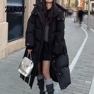 ZAROY 2026 Winter Women Long Parkas Loose Hooded Jackets Warm Thick Windproof Waterproof Padded Coat Casual Ski Outerwear кур