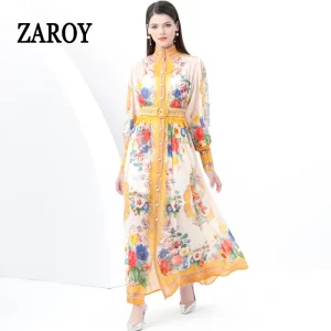 ZAROY Luxury Runway Maxi Dress Women Stand Collar Long Sleeve Single Breasted Floral Print Belt Long Boho Party Robe Vestidos