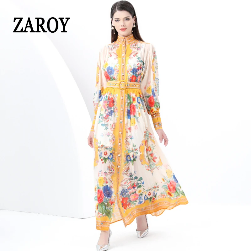 ZAROY Luxury Runway Maxi Dress Women Stand Collar Long Sleeve Single Breasted Floral Print Belt Long Boho Party Robe Vestidos