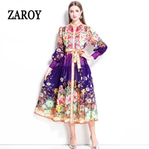 ZAROY 2025 Newest Luxury Women Midi Dresses Vintage Floral Print Stand Collar Lantren Sleeve Long Dress Elegant Party Vestidos