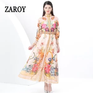 ZAROY Holiday Flower Maxi Dress Elegant Stand Collar Lantern Long Sleeve Belt Floral Print Boho Beach Robe Luxury Runway Dress