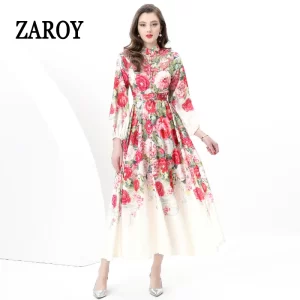 ZAROY Flower Print Holiday Beach Maxi Dress Summer Women Clothing Long Sleeve Single-breasted Belt Long Dress Elegant Boho Robe