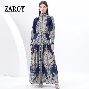 ZAROY Vintage Luxury Print Women Maxi Dress Long Sleeve Stand Collar Single-breasted Long Dress Party Robe Vestidos فساتين سهرة