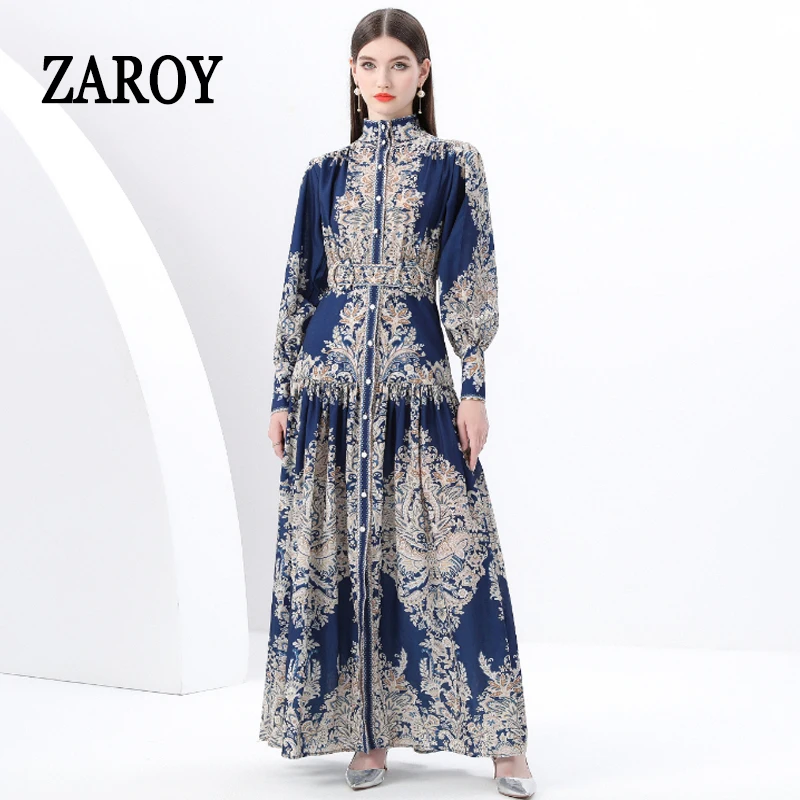 ZAROY Vintage Luxury Print Women Maxi Dress Long Sleeve Stand Collar Single-breasted Long Dress Party Robe Vestidos فساتين سهرة