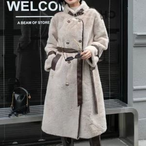 ZAROY Faux Fur Patchwork Leather Women Long Coat Winter Elegant Double-breasted Belt Thick Warm Overcoat Snow Jacket Outerwear