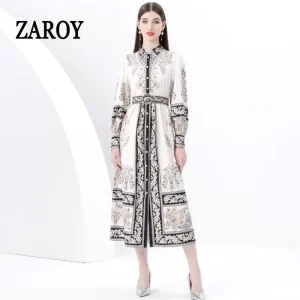 ZAROY Luxury Shirt Dress Women Palace Print Vintage Long Sleeve Lapel Long Dress Elegant Single-breasted Belted Maxi Dress שמלה