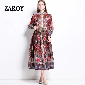 ZAROY Luxury Vintage Chiffon Dress Women Clothing Retro Floral Print Lantern Sleeve Belted Long Dresses Elegant Party Vestidos